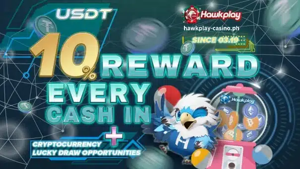 Hawkplay rewards USDT 10% + BTC for every cash transaction. ETH lottery chances